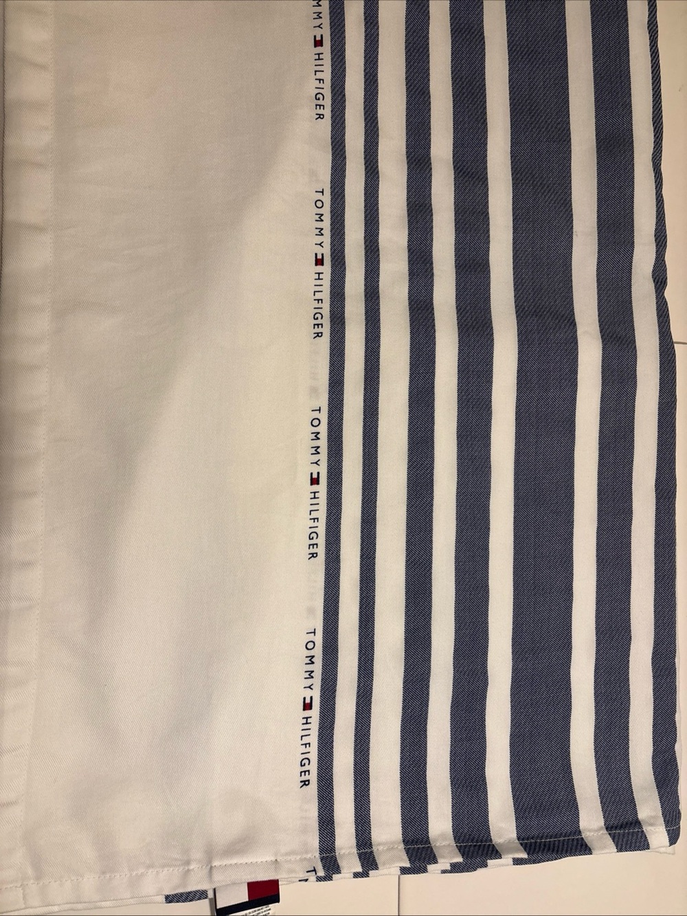 Tommy Hilfiger Shower Curtain with Navy Stripes and Red Logo Detail